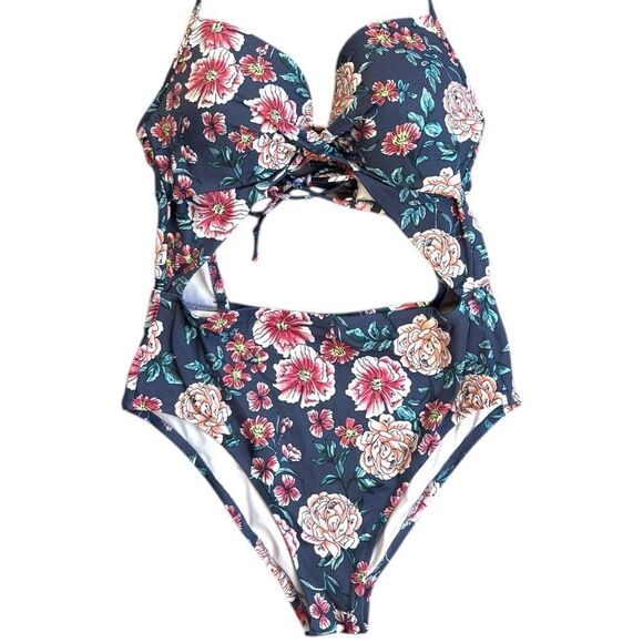 Shade & Shore Gray and Pink Floral One Piece Swimsuit Sz 36C - Picture 2 of 10